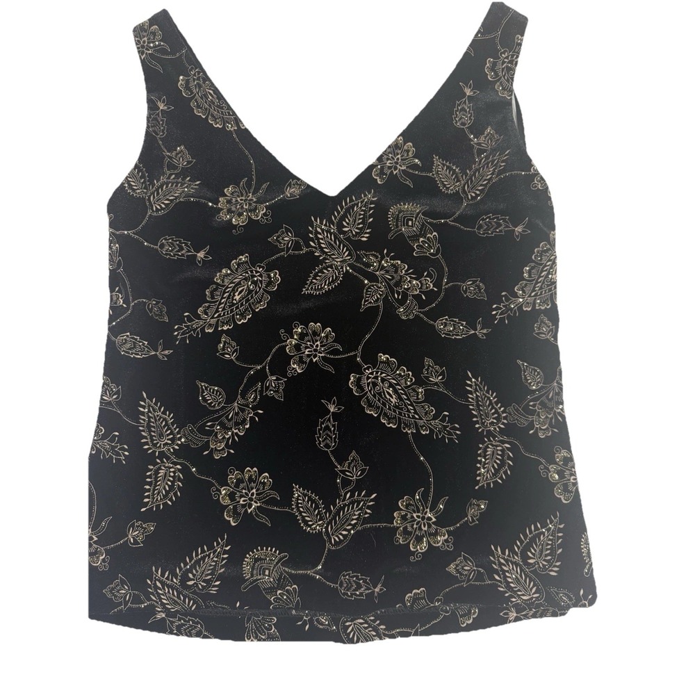 Black Gold Floral Velvet Tank Top Womens M Party Evening A-Scape Joanna Chen